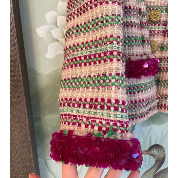 Vintage NWT Marc Jacobs Tweed Jacket Skirt Set Pink Green Sequin Trim Size 6 - Picture 2 of 12